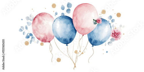 watercolor vector illustration of pink and blue balloons with eucalyptus leaves and roses on a white background