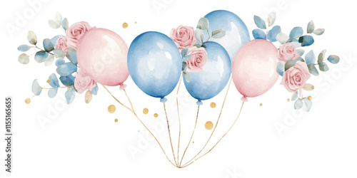watercolor vector illustration of pink and blue balloons with eucalyptus leaves and roses on a white background
