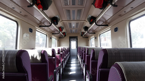 Bus interior empty seats, clean new vehicle. Generative AI photo