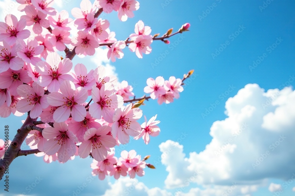 A blooming cherry blossom tree against a clear blue sky with fluffy white clouds, nature, blossoming flowers, flower blossoms A blooming cherry blossom tree against a clear blue sky with fluffy white clouds, nature, blossoming flowers, flower blossoms