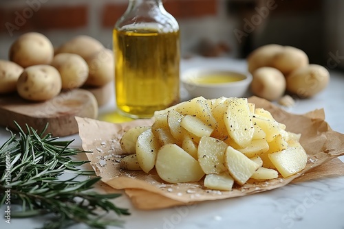 A jar of oil sits next to a pile of potatoes