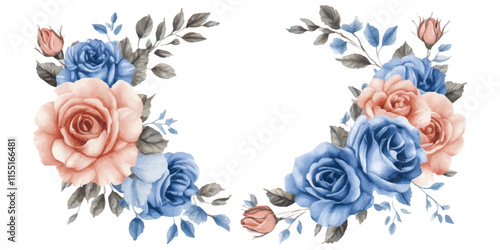 Watercolor rose and blue floral frame with leaves, pink roses, and baby blue ranunculus flowers on a white background.