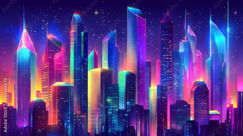 Vibrant Cityscape at Night with Bright Lights and Reflections Vibrant Cityscape at Night with Bright Lights and Reflections