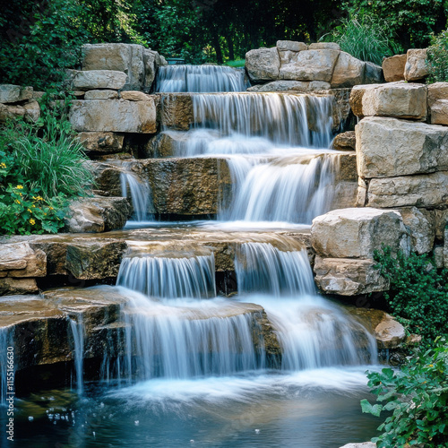 Flowing water cascades gracefully over natural stone steps in a serene setting surrounded by lush greenery