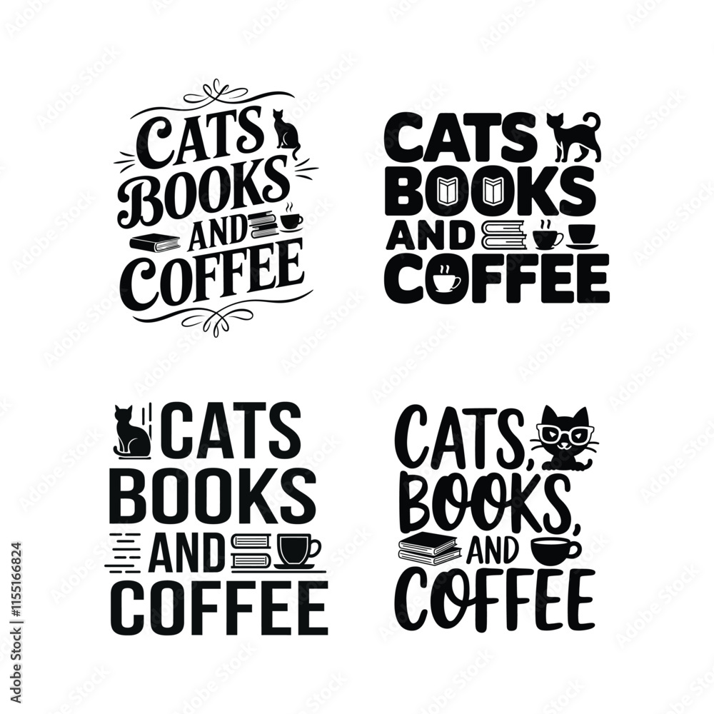 Obraz premium Cats Books and Coffee bundle typography t-shirt design