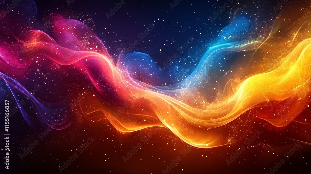 Cosmic Flow: Abstract artwork of vibrant, swirling nebulae in fiery orange, electric blue, and magenta hues, set against a dark, starry backdrop. Perfect for science fiction, fantasy. Cosmic Flow: Abstract artwork of vibrant, swirling nebulae in fiery orange, electric blue, and magenta hues, set against a dark, starry backdrop. Perfect for science fiction, fantasy.