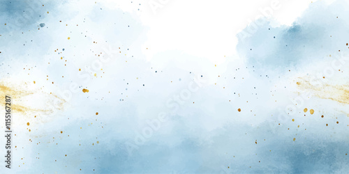Abstract blue watercolor background with golden lines, vector illustration, white space in the center for text or design, white background