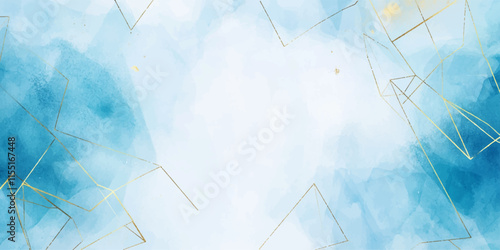 Abstract blue watercolor background with golden lines, vector illustration, white space in the center for text or design, white background
