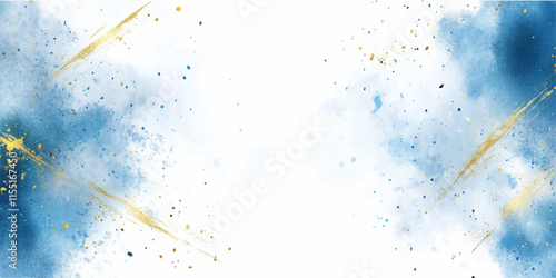 Abstract blue watercolor background with golden lines, vector illustration, white space in the center for text or design, white background