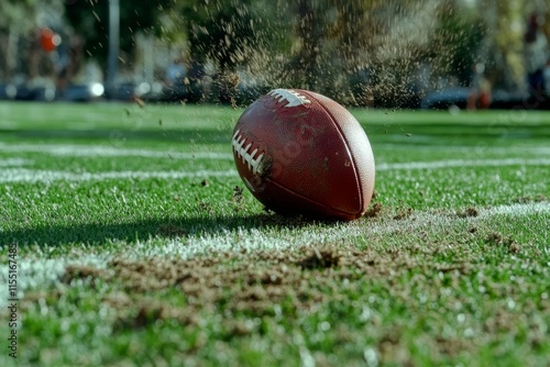 Football in motion: A dynamic shot of an American football ball in motion, with dirt and grass flying up from a powerful touchdown, capturing the action and energy of the game.	
 photo