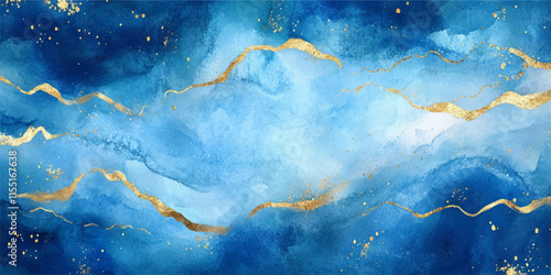Abstract blue watercolor background with golden lines, vector illustration, white space in the center for text or design, white background