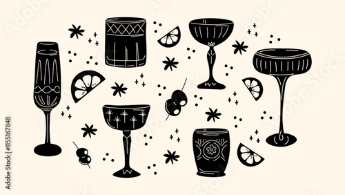 Set alcoholic cocktails in glasses in cartoon retro style of different shapes. Classic summer drinks, aperitif. Hippie groovy drinks hand drawn 2