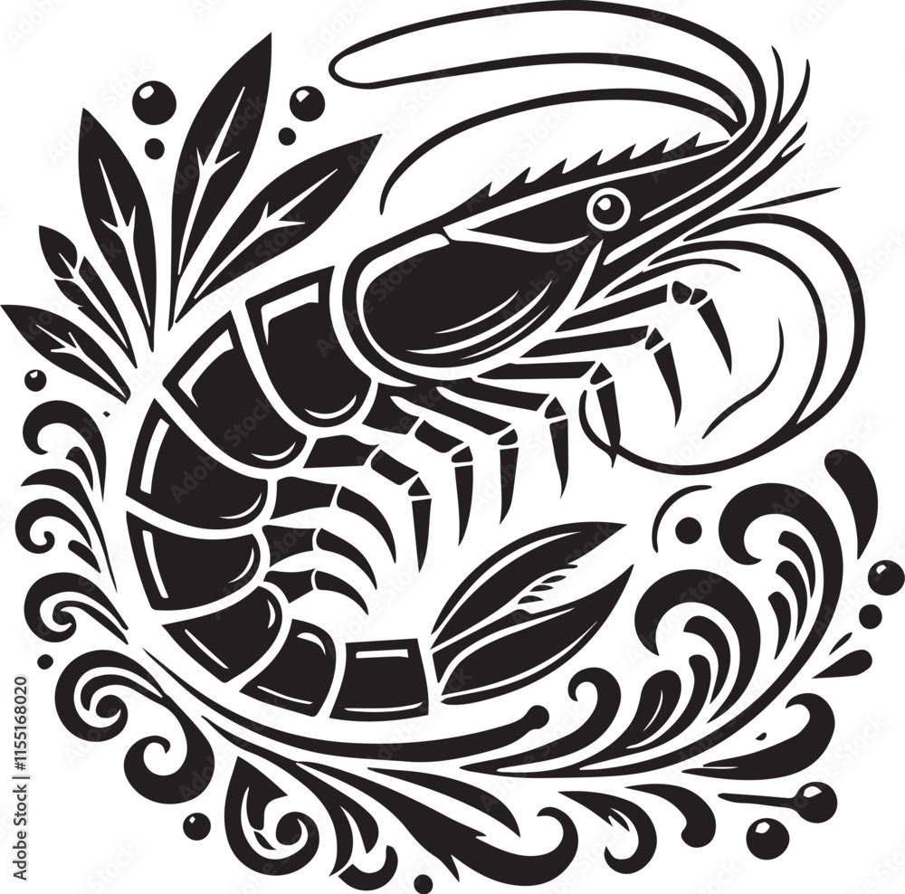 Obraz premium black Shrimp logo vector, Shrimp vector icon, Shrimp vector art illustration, Shrimp silhouette vector black and white