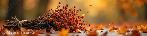 A bundle of dry branches and withered flowers amidst falling autumn leaves, natural scenery, fall foliage, leaves