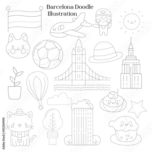 Barcelona Spain doodle icon set. Travel Vector illustration collection. Hand-drawn Line art.