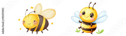 set of watercolor bee, simple design, white background