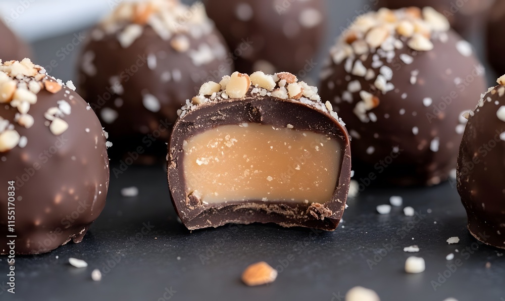 chocolate truffles covered in caramel and coated with coarsely chopped almonds, Generative AI chocolate truffles covered in caramel and coated with coarsely chopped almonds, Generative AI