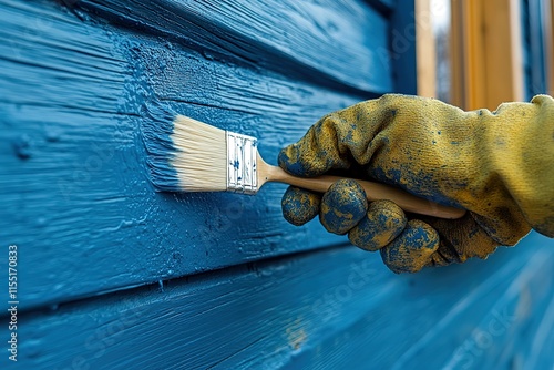 A person is painting a blue wall with a brush