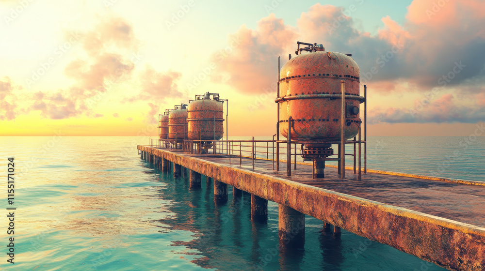 Obraz premium A serene pier extends into calm waters, featuring several cylindrical structures under a colorful sky at sunset.