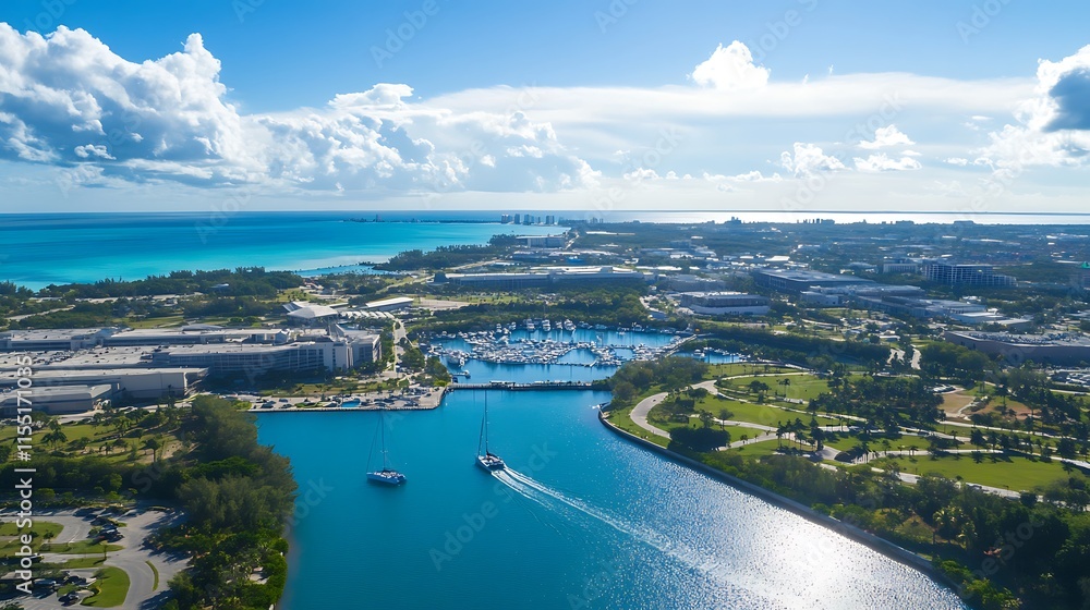 Aerial view of Nassau, Bahamas. Luxury resort, marina, and turquoise ocean. Aerial view of Nassau, Bahamas. Luxury resort, marina, and turquoise ocean.