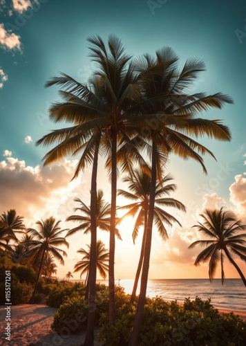 Tropical beach sunset, silhouetted palm trees, golden hour glow, serene ocean view, wispy clouds, warm color palette, coastal vegetation, tranquil atmosphere, paradise island scene, soft lighting, dra photo