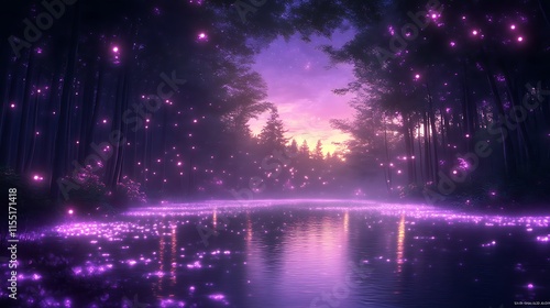 Magical purple sunset forest scene.