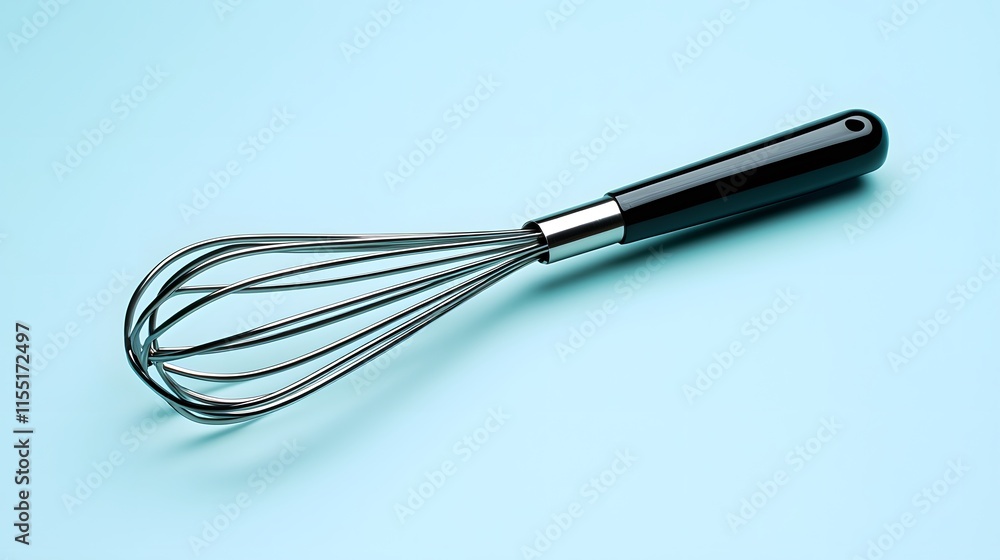 A sleek silver whisk with a black handle rests on a light blue background A sleek silver whisk with a black handle rests on a light blue background