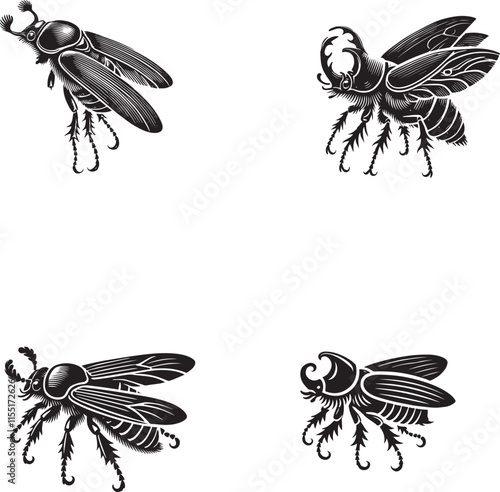 4 Set of Black Insect Silhouettes Including Beetles Isolated on White Background"