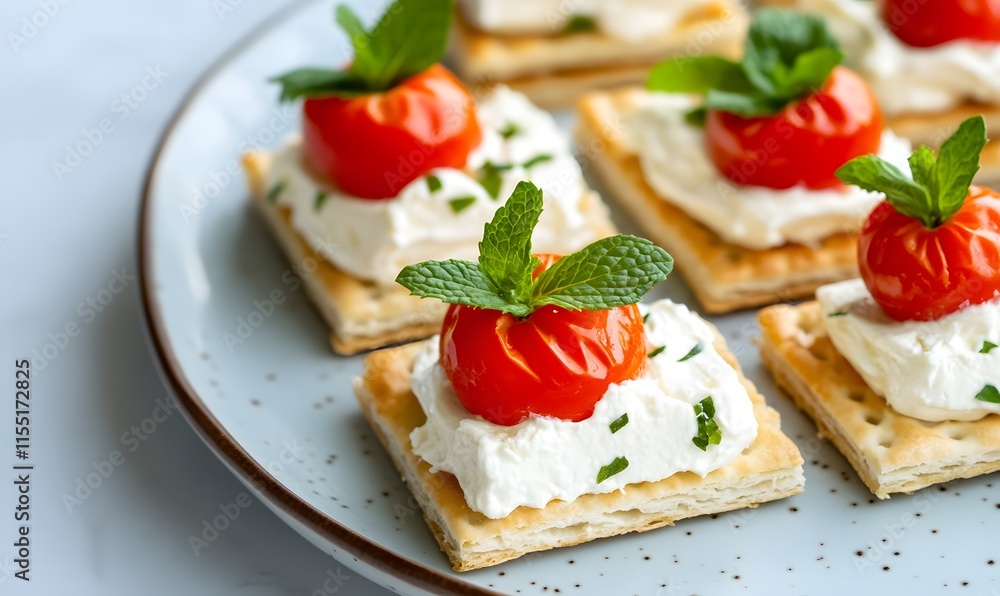 A plate of cracker squares with cream cheese and cherry tomatoes, Generative AI A plate of cracker squares with cream cheese and cherry tomatoes, Generative AI