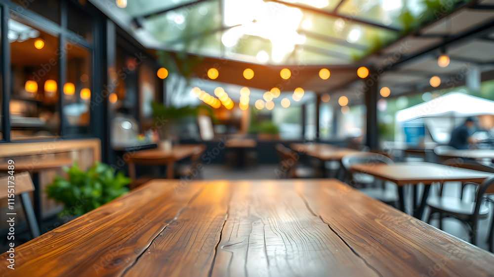 Wooden board empty table background. abstract blurred cafe background. Generative AI Wooden board empty table background. abstract blurred cafe background. Generative AI