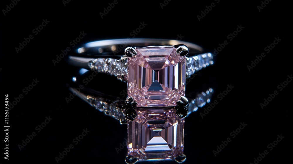 Exquisite pink diamond ring with reflective black background Exquisite pink diamond ring with reflective black background