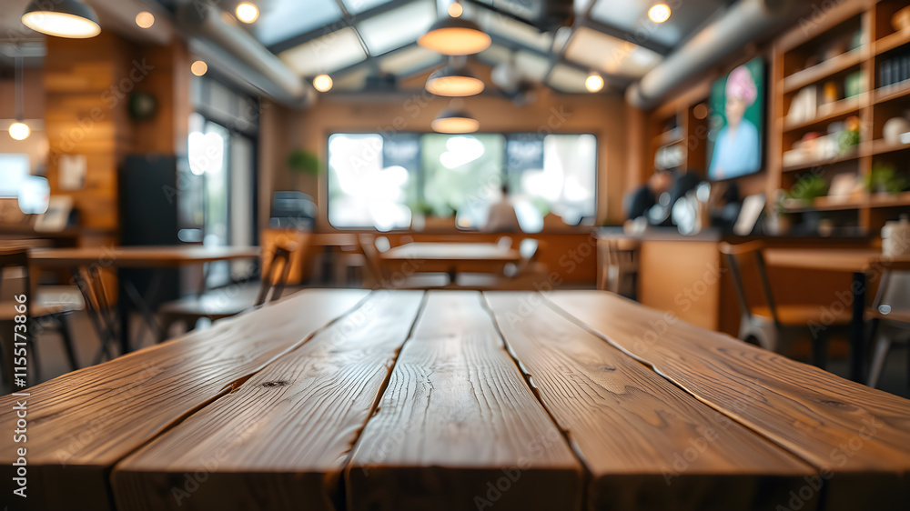 Wooden board empty table background. abstract blurred cafe background. Generative AI Wooden board empty table background. abstract blurred cafe background. Generative AI