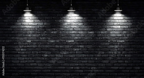  Black brick wall background with three spotlights, a black room, and a black and white image.