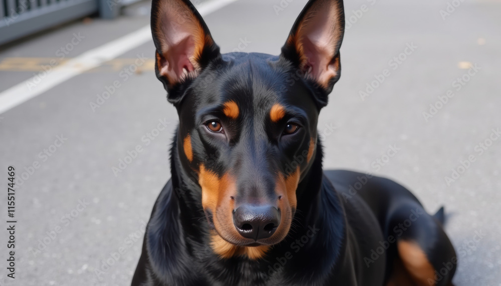 Strong Doberman Pinscher with cropped ears, sitting on a sidewalk, with serious and focused expression Strong Doberman Pinscher with cropped ears, sitting on a sidewalk, with serious and focused expression