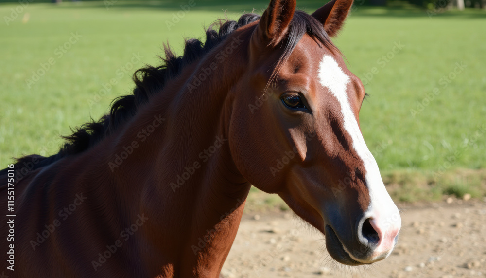 Fototapeta premium Close-up of a horse with neatly braided mane, showcasing glossy coat and calm expression