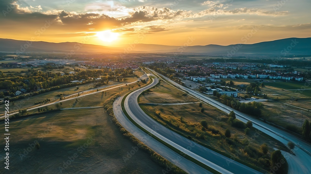 Fototapeta premium Highway at Sunset Over a Town. Scenic Road Trip, Transportation, and Travel Concept.