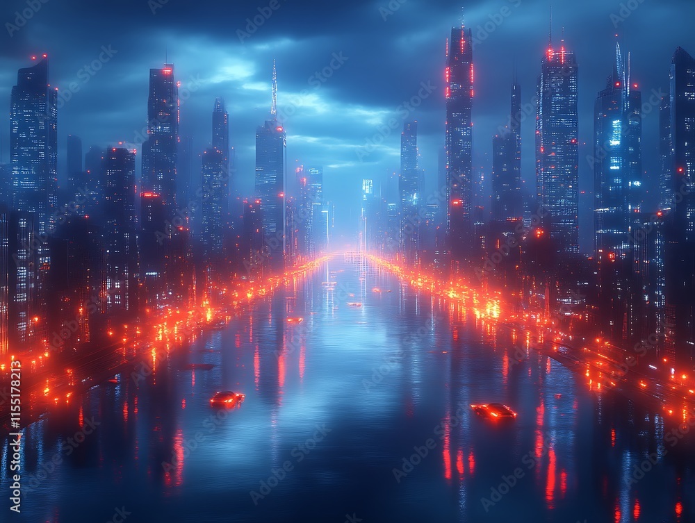 Obraz premium Futuristic city at night, neon lights reflecting on water.