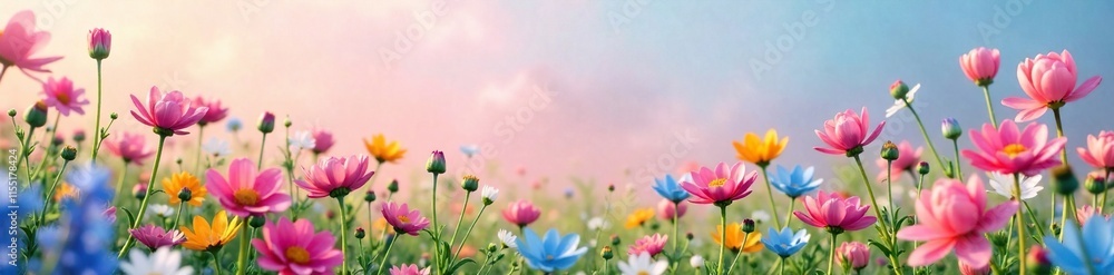 Fototapeta premium A field of colorful wildflowers in soft pink and blue hues, pastel colors, flower fields