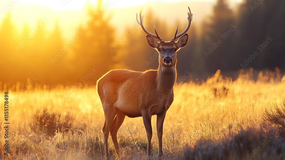 Obraz premium Majestic Deer in Golden Sunset Meadow