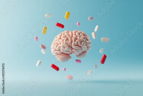 3D model of a human brain surrounded by colorful pills illustrating health and medication effects. Generative AI photo