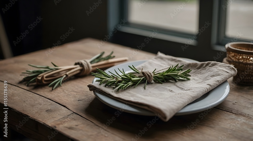A rustic dining setup featuring a plate with a napkin and a bundle of fresh rosemary, highlighting natural and simple elegance in food presentation A rustic dining setup featuring a plate with a napkin and a bundle of fresh rosemary, highlighting natural and simple elegance in food presentation