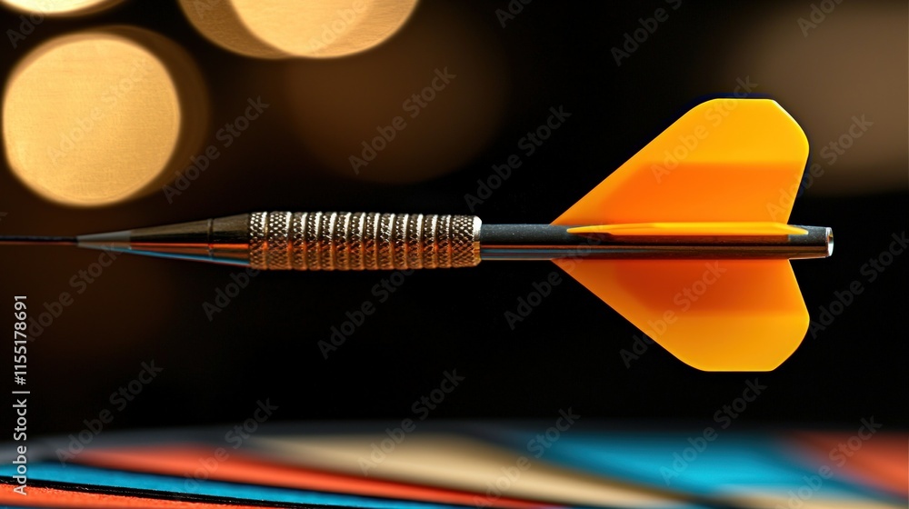 Dart poised in mid-air, targeting a colorful dartboard. Dart poised in mid-air, targeting a colorful dartboard.
