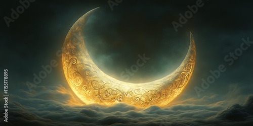 Ornate crescent moon above clouds.