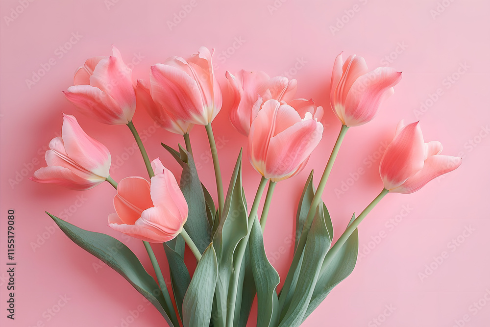 Beautiful composition spring flowers. Bouquet of pink tulips flowers on pastel pink background. Valentine's Day, Easter, Birthday, Happy Women's Day, Mother's Day. Flat lay, top view, copy space Beautiful composition spring flowers. Bouquet of pink tulips flowers on pastel pink background. Valentine's Day, Easter, Birthday, Happy Women's Day, Mother's Day. Flat lay, top view, copy space
