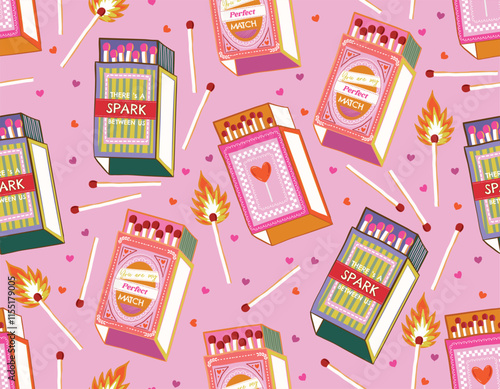 Trendy Valentine's Day Seamless pattern  , Perfect match , Love Couple match box , Hand drawn Illustration Vector not Ai