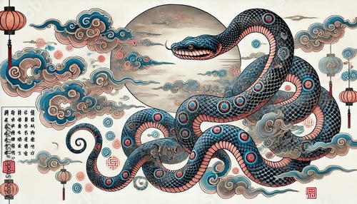 Chinese Zodiac Snake Sign - Year of the Snake - Cycle of Animals and Chinese Calendar - Asian Zodiac and Astrology - New Year Animal - Water, Earth, Wood, Metal and Fire - Watercolor Painting