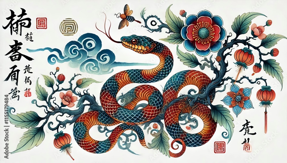 Naklejka premium Chinese Zodiac Snake Sign - Year of the Snake - Cycle of Animals and Chinese Calendar - Asian Zodiac and Astrology - New Year Animal - Water, Earth, Wood, Metal and Fire - Watercolor Painting