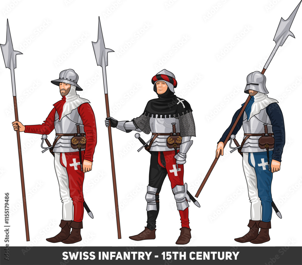 Set of Three European Late Medieval Infantrymen with Various Weapons, Illustration Isolated on Transparent, EPS 10 Vector Set of Three European Late Medieval Infantrymen with Various Weapons, Illustration Isolated on Transparent, EPS 10 Vector