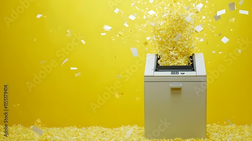 Yellow shredded paper erupts from a paper shredder photo