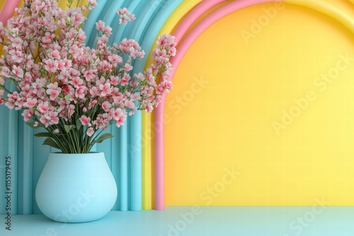 Wallpaper Mural Pastel Rainbow Background with Pink Flowers in a Blue Vase Torontodigital.ca